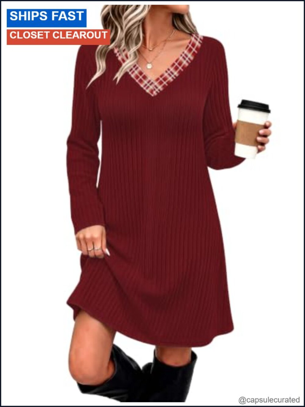 Womens Ribbed Knit Sweater Dress V Neck Long Sleeve Above Knee Pockets